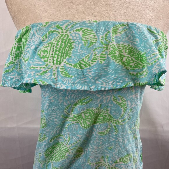 Lilly Pulitzer Wiley Ruffle Top S Blue Green White Print Strapless - Picture 3 of 8